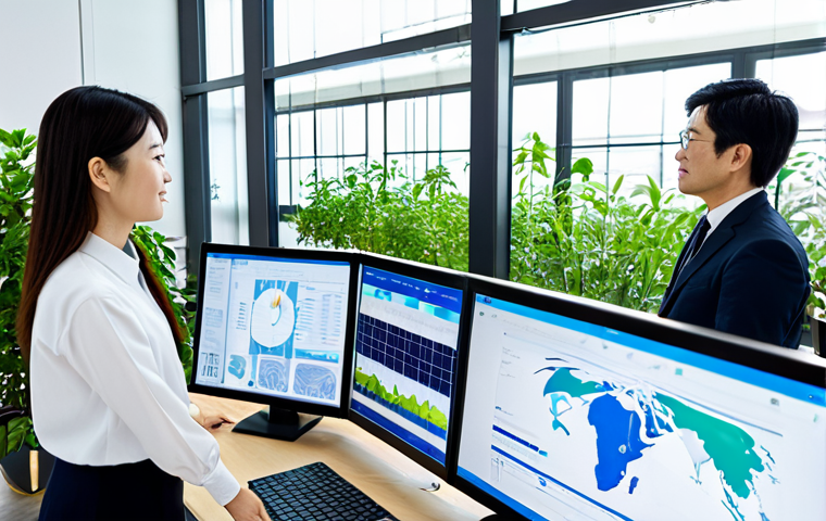 **

A diverse team of Japanese business professionals in a modern, eco-friendly office, analyzing ESG data on holographic displays. Solar panels are visible through the large windows, and plants are integrated into the office design. Fully clothed in business attire, demonstrating teamwork and data-driven decision-making. Safe for work, appropriate content, professional, family-friendly, perfect anatomy, natural proportions, high quality.

**
