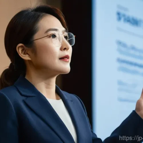 위험관리 사례발표 준비법 - **Prompt:** "A confident female presenter, in her late 30s with a professional Japanese aesthetic, s...