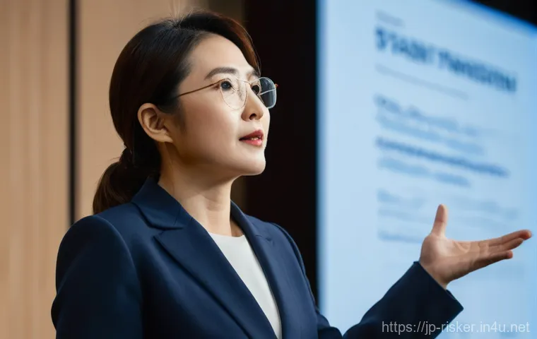 위험관리 사례발표 준비법 - **Prompt:** "A confident female presenter, in her late 30s with a professional Japanese aesthetic, s...