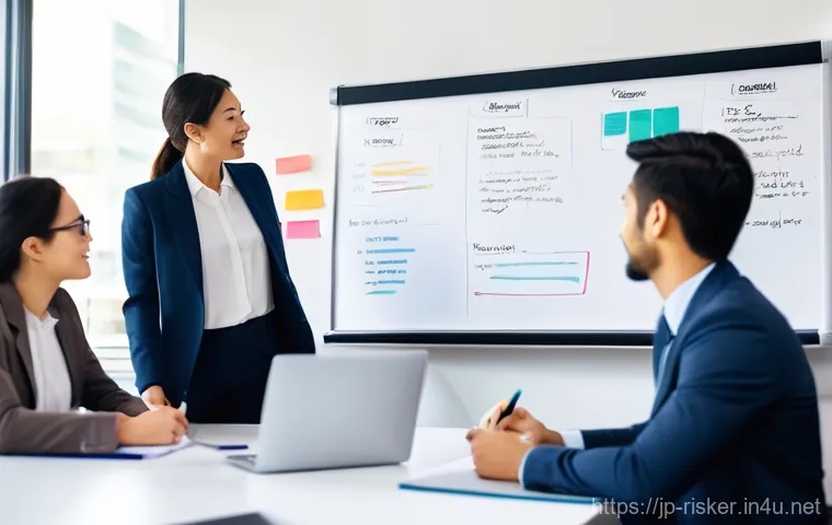 위험관리 사례발표 준비법 - **Prompt:** "A male executive, in his early 40s with a modern Japanese business style, is presenting...