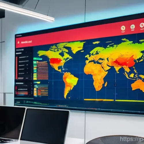 위험관리 프로세스 개선 사례 - A sleek, futuristic real-time risk dashboard, displayed on a large holographic screen in a modern, o...