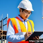 위험관리기술자 국가 자격증 종류와 취득 요건 - A detailed scene of a Japanese construction site safety manager in workwear with a white safety helm...