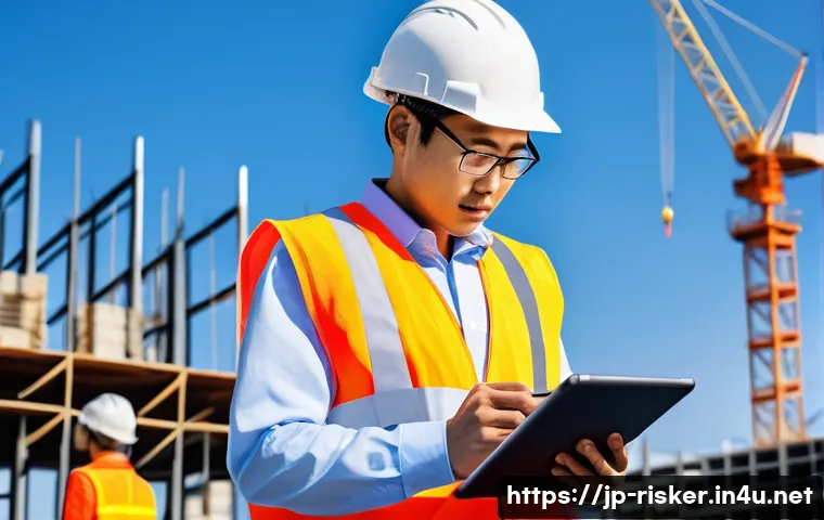 위험관리기술자 국가 자격증 종류와 취득 요건 - A detailed scene of a Japanese construction site safety manager in workwear with a white safety helm...