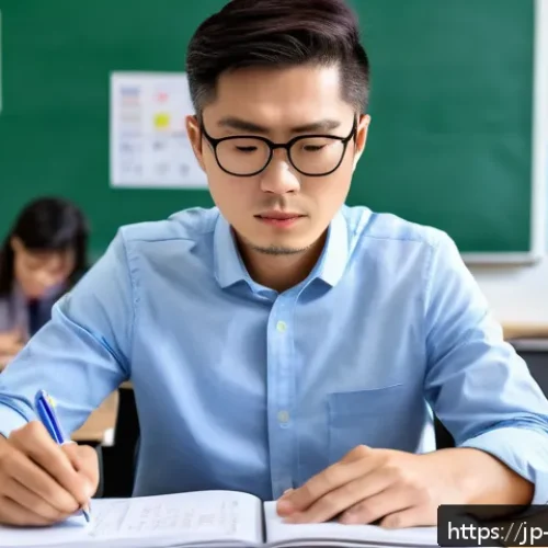 위험관리기술자 실기 시험 대비법 - A focused Japanese professional taking a practical safety management exam in a modern classroom sett...