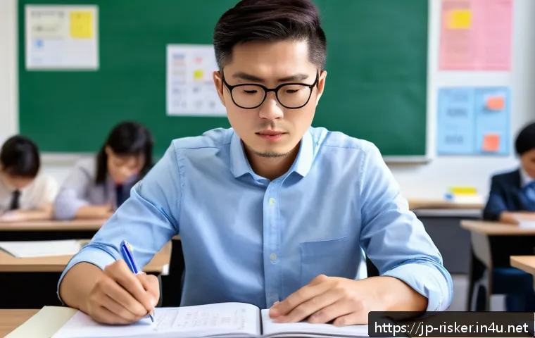 위험관리기술자 실기 시험 대비법 - A focused Japanese professional taking a practical safety management exam in a modern classroom sett...