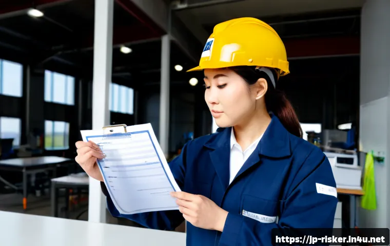 위험관리기술자 민간 자격증과 가치 - Photorealistic Japanese risk management technician in a neat modern office, wearing a navy safety ja...